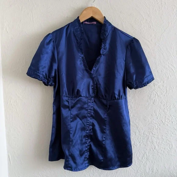 Y2K Blue Satin Blouse Size L - Picture 1 of 5